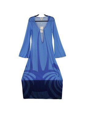 NEW Caroline Constas Blue Sheer Long-Sleeve Maxi Dress Abstract Print Size S